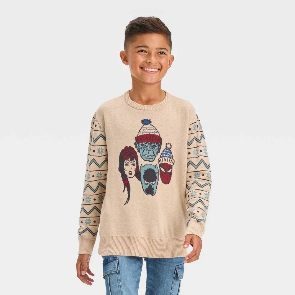 Boys Disney 100 Marvel Holiday Sweater - Beige Medium Size 8 Long Sleeves Top